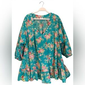 Rare MT Beyer Teal Floral Boho Tiered Dress Oversized Fit